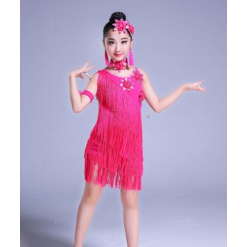 wholesale Kids girls latin dance dresses tassels stage performance modern dance rumba salsa chacha dancing dress skirts